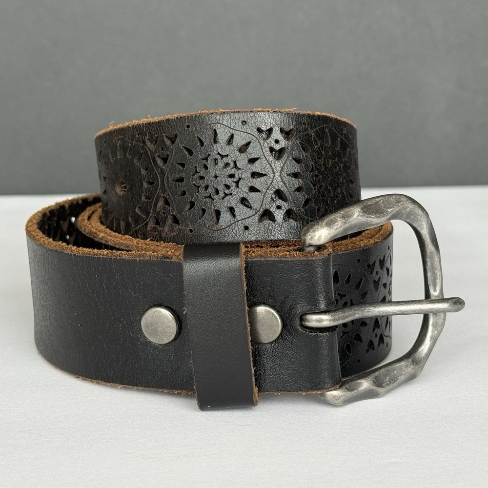 Lucky Brand Black Leather Laser Cut Floral Cutout Belt Boho Western Women's Sz L - Picture 3 of 9